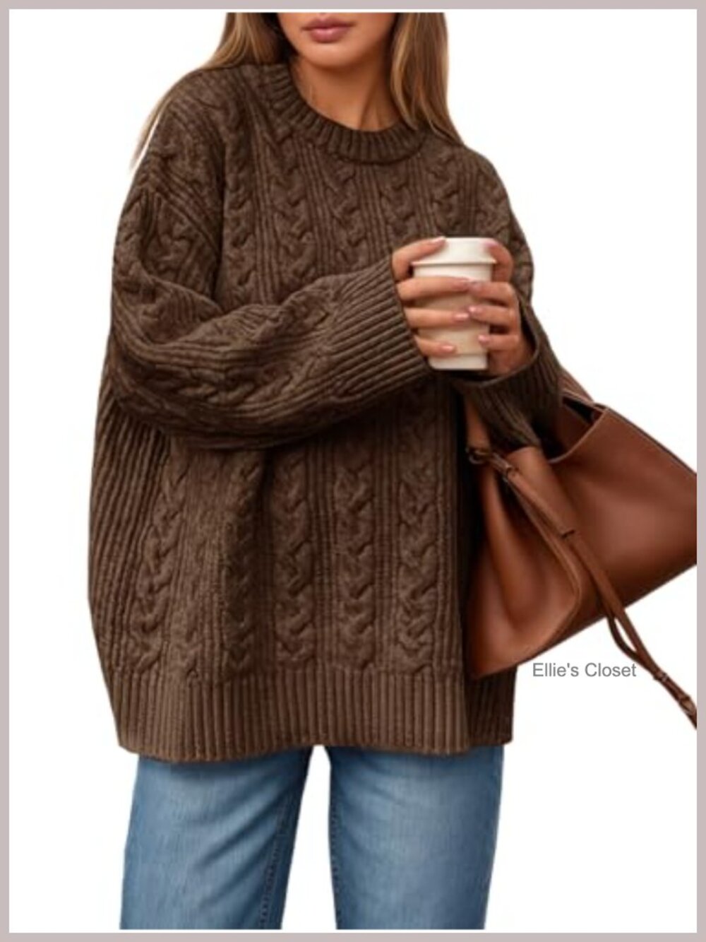 Cable Knit Crew Neck Oversized Pullover Sweater Chunky Long Sleeve